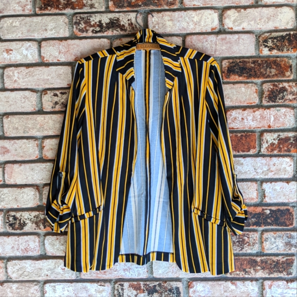 ☀️ 89th & Madison Mustard Yellow & Black Striped Open Blazer Size L